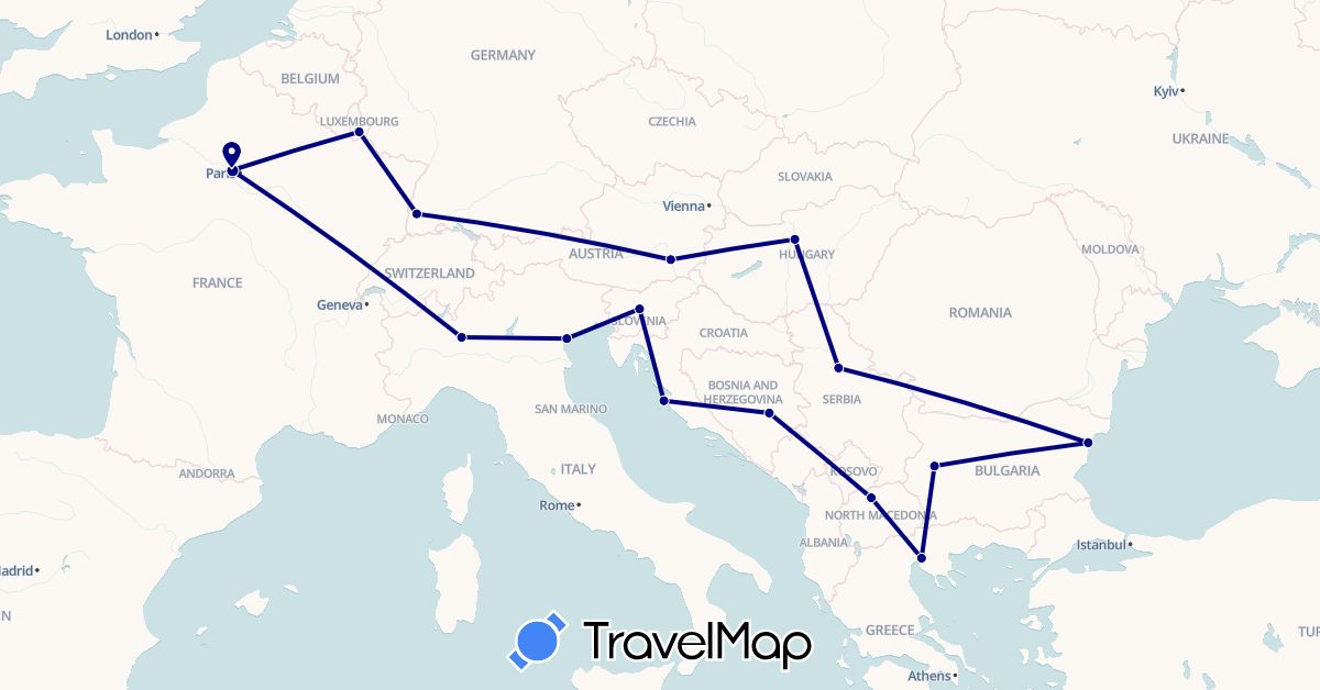 TravelMap itinerary: driving in Austria, Bosnia and Herzegovina, Bulgaria, Germany, France, Greece, Croatia, Hungary, Italy, Luxembourg, Macedonia, Serbia, Slovenia (Europe)
